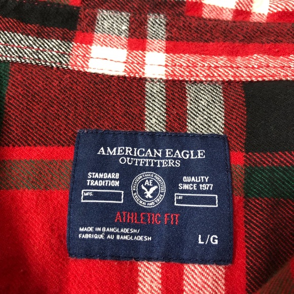 AEO Cotton Button Down Flannel Red Green Black Ivory Plaid Athletic Fit Shirt L - Picture 8 of 13